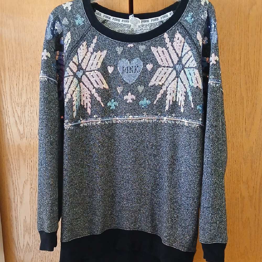 PINK Victoria's Secret Black Sweater with Colorful Snowflake Design
